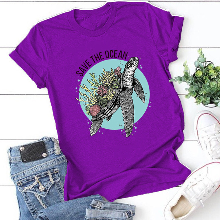 SAVE THE OCEAN Letter Sea Turtle Growing Coral Print T shirt Women Cute Graphic Tshirts Causal Harajuku Vintage Ladies T-shirt