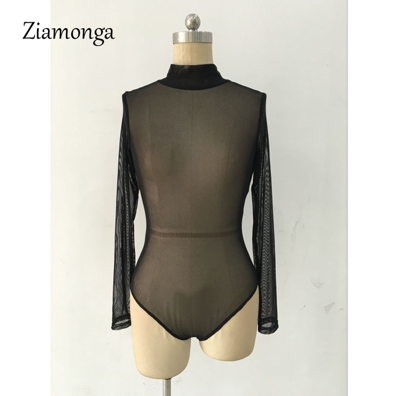 Nude Transparent Sexy Bodysuit Women Rompers Bodycon Jumpsuit Long Sleeve Mesh Bodysuit Sheer See Through Turtleneck Bodysuits T200527