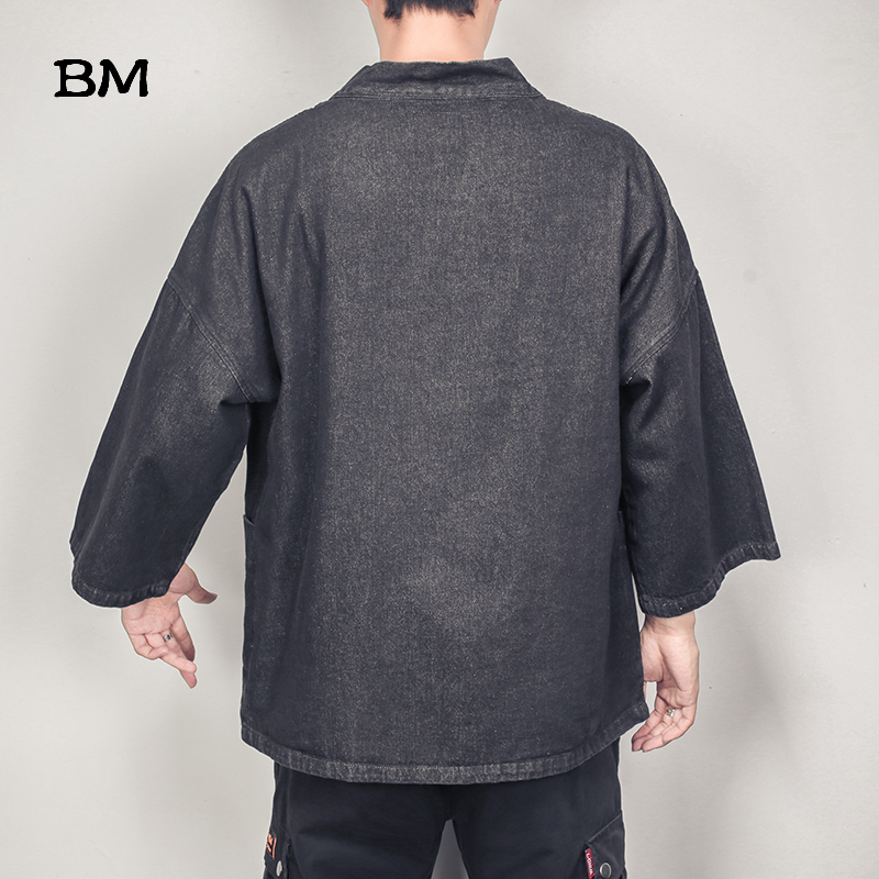 Japanese Loose Denim Kimono Fashion Plus Size Denim Jacket Men 5XL Chinese Style 3/4 Sleeve Hanfu Solid Color Oversized Cardigan T200502