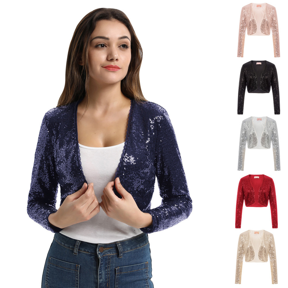 Women Coat Shining Sequined Long Sleeve Cropped Length Open Front Bolero Shrug T200111