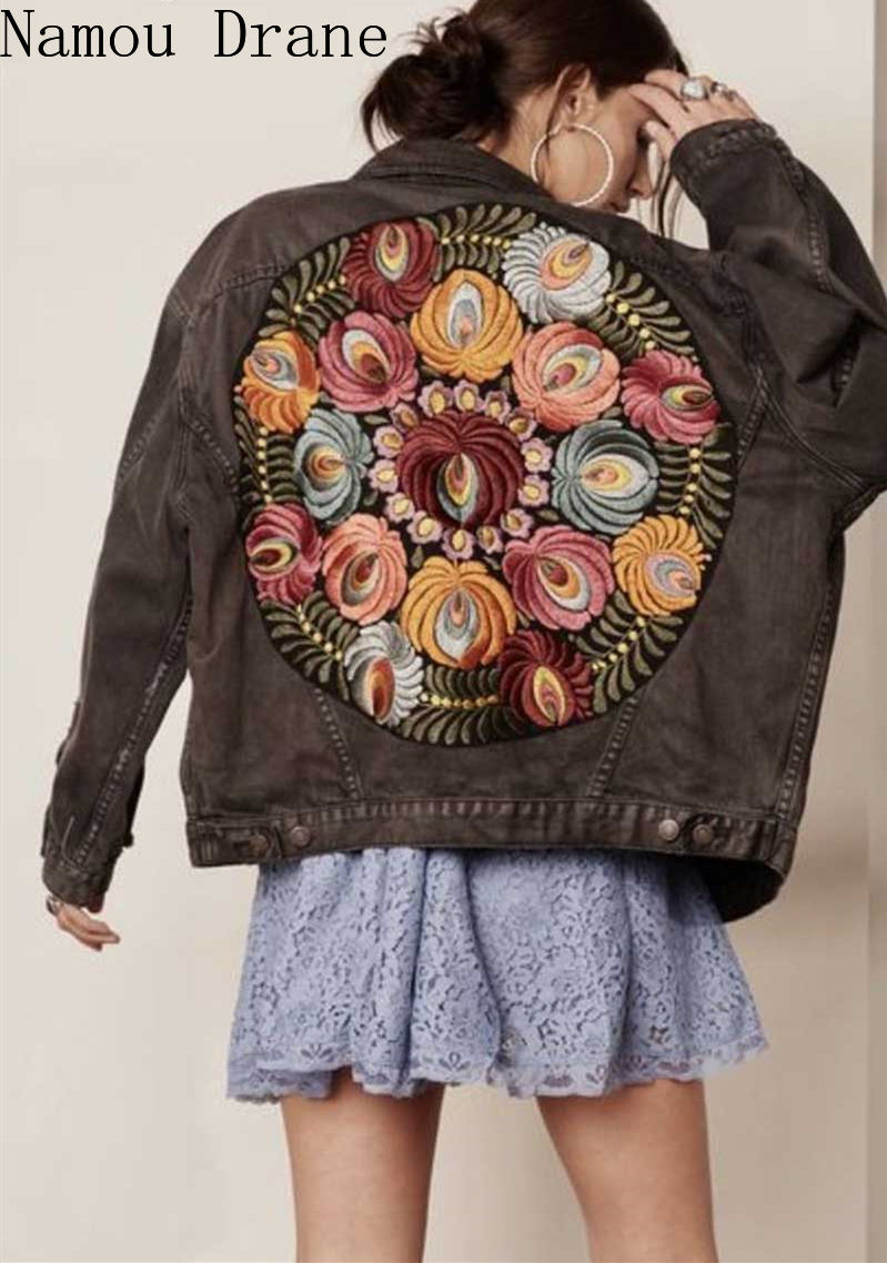 Oversized multi floral Embroidered Denim Jacket outwear bohemian casual chic jacket coat women winter coat 201023