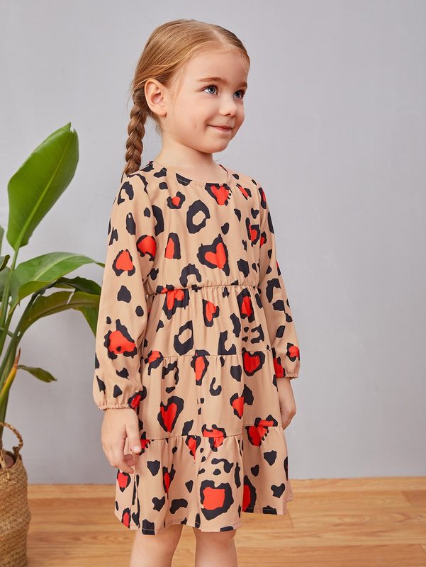 Toddler Girls Heart Print Lantern Sleeve Ruffle Hem Dress SHE