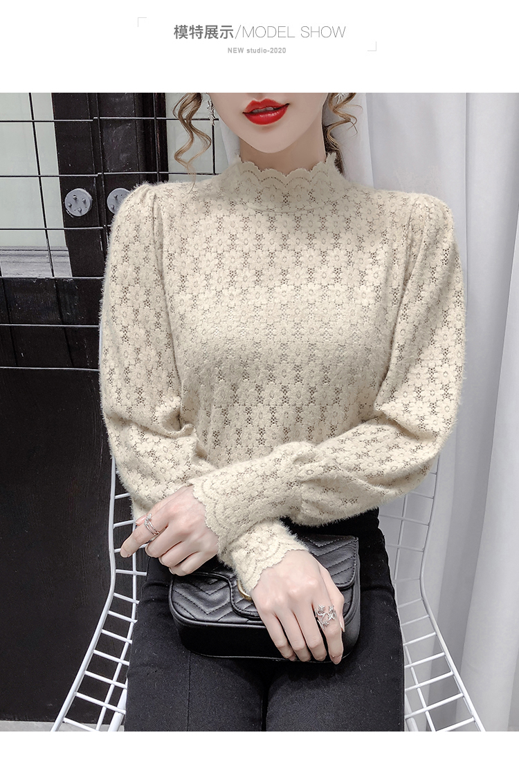 Autumn New design womens stand collar long sleeve hollow out thickening lace lantern sleeve shirt tops plus size SMLXL