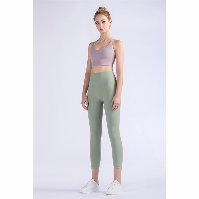 

Vnazvnasi Hot Sale New Arrival Skin-Friendly Female Yoga Leggings Solid Color High Waist Outside Running Pants Calf-Length 201202, Pink