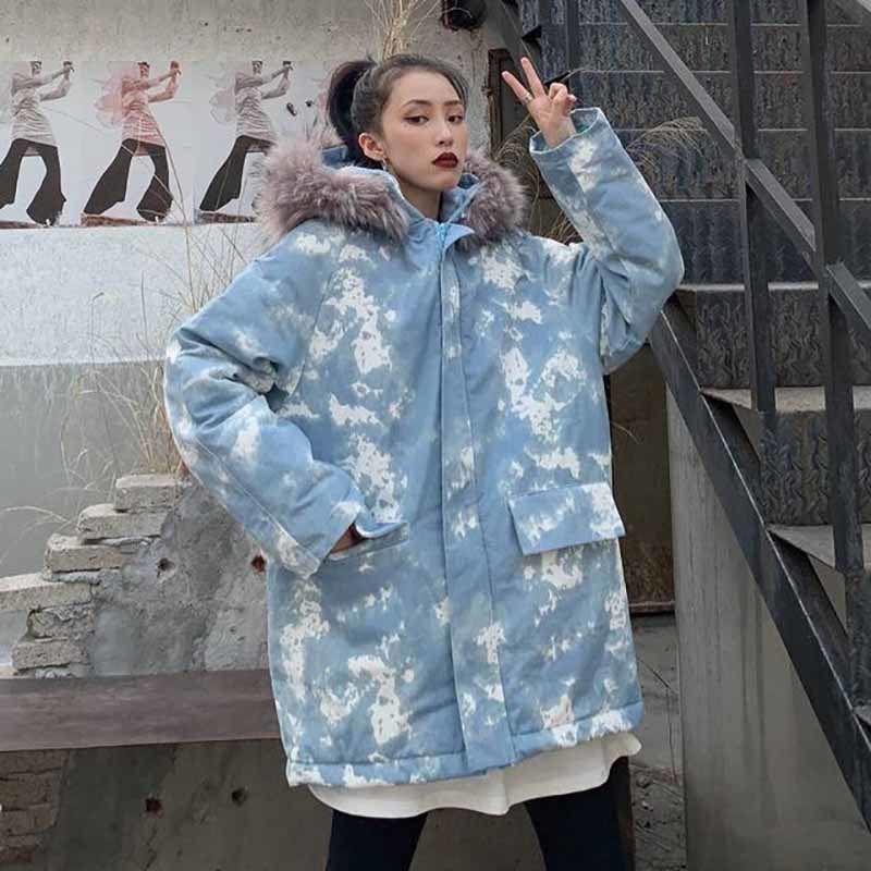 Women's Korean style loose ins Harajuku style winter thick midlength camouflage hooded cotton jacket outwear 201019