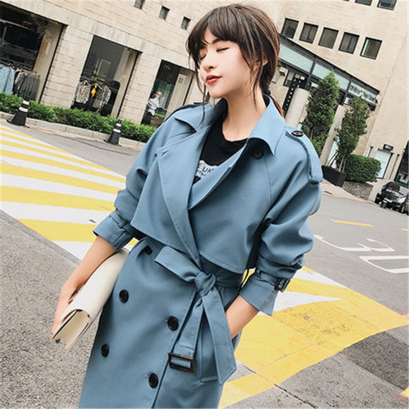 Windbreaker Female 2019 Spring Autumn New Korean Leisure Chic Loose Ladies Harbor Wind Long Trench Coat For Women Blue T200319
