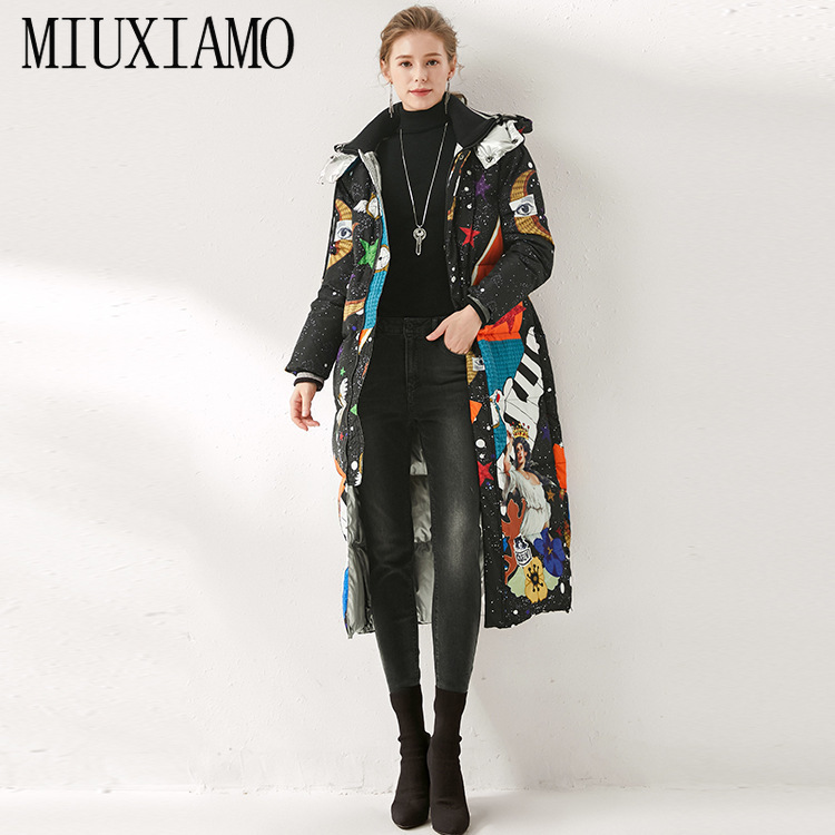 MIUXIMAO Winter Coat Loose Piano Print Elegant Fashion Warm Long Coat Vintage X-Long Women Down Winter Coat Female Overcoat 201019