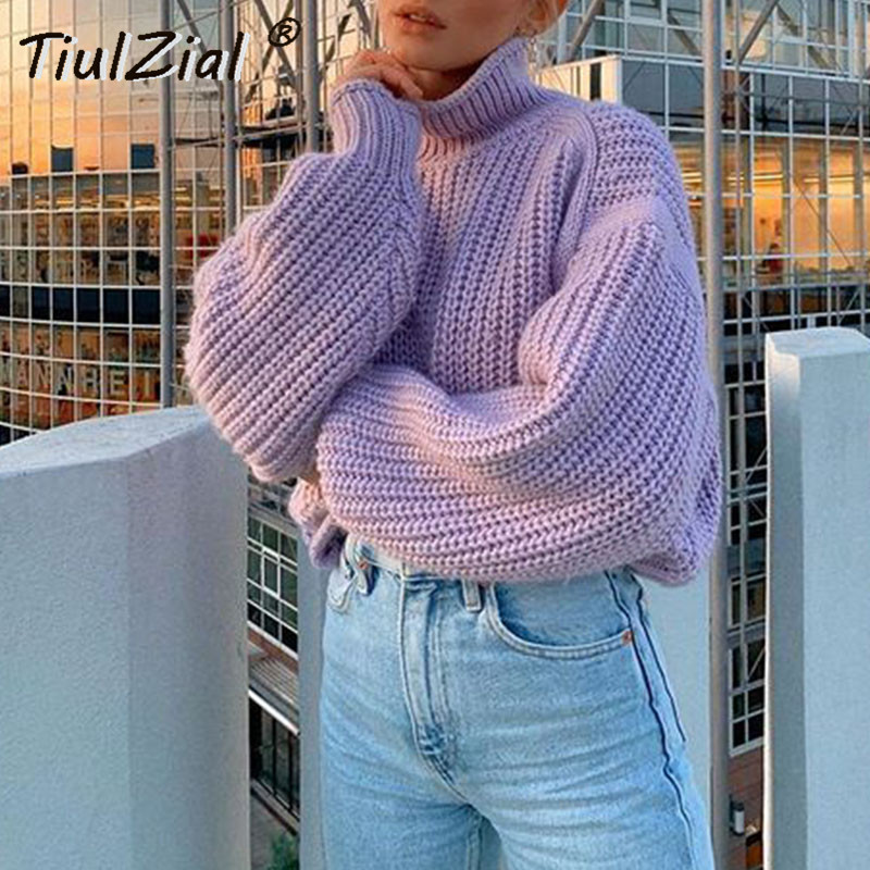 TiulZial Purple Turtleneck Women Sweater Autumn Winter Pullover Jumper Khaki Casual Sweaters For Woman 2020 T200910