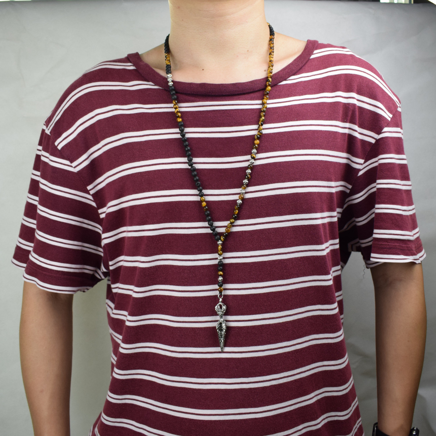 Natural Stone Necklace Men Retro Lava Bead Long Tiger Eye Skull/viking Pendants Necklaces Fashion Jewelry Kolye Hand Made 201014