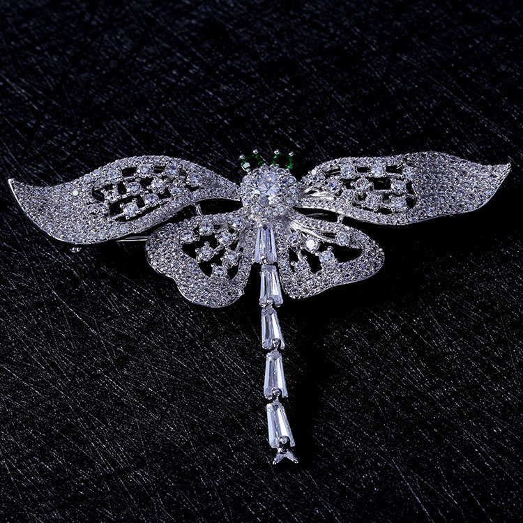 Nature Vintage Opens Green Eyes Flying Dragonfly Brooches Full Pave & Baguette Cut CZ Winged Dragonfly Pin Women Coat Jewelry 201009