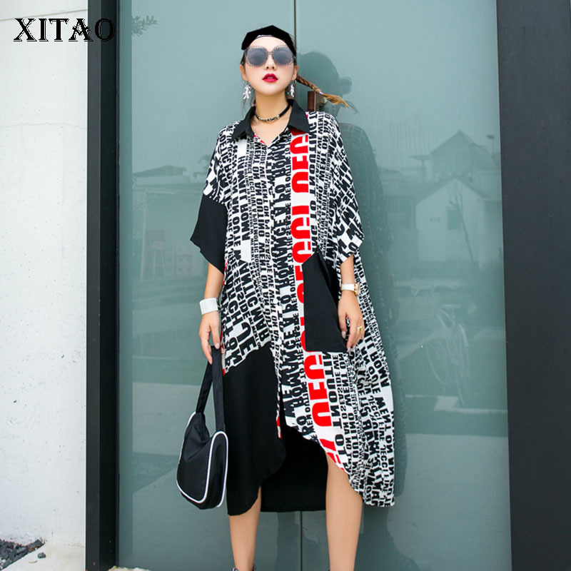 XITAO Plus Size Irregular Blouse Fashion New Women Pocket Summer Elegant Goddess Fan Split Casual Print Letter DMY5036 201126