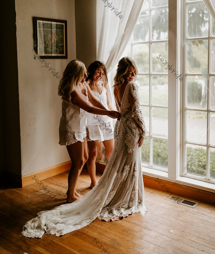 Vintage Beige Mermaid Country Wedding Dresses Illusion Long Sleeve Appliques Sexy Open Back Deep V Neck Thigh Slit Boho Beach Bridal Gowns