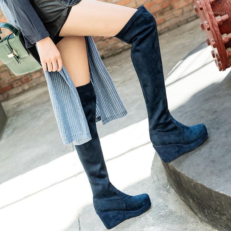 PXELENA Leopard Wedge High Heels Over The Knee Boots Women 2020 Designer Fashion Slip On Flock Party Work Shoes Punk Goth Boots1, Gray