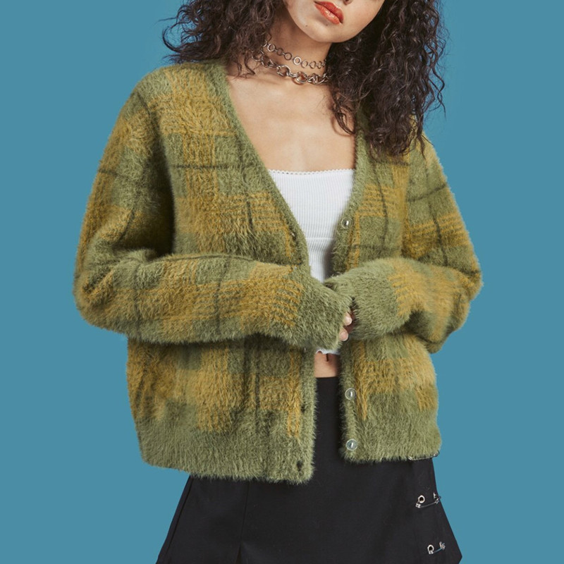 Vintage Synthetic Mink Cashmere Sweater Women Harajuku Lazy Oaf V-Neck Single-breasted Ladies Fluffy Plaid Knitted Cardigan Y200930