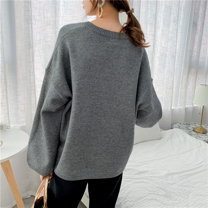 EAM Gray Big Size Knitting Sweater Loose Fit V-Neck Long Sleeve Women Pullovers Fashion Autumn Winter 1Y198 201130