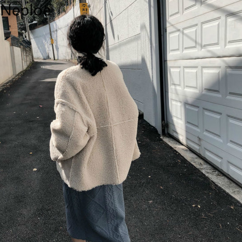 Neploe Wear on Both Sides Thicked Lamb Wool Coat Women Autumn Winter Korean Loose Patchwork Solid Jacket Simple 201029