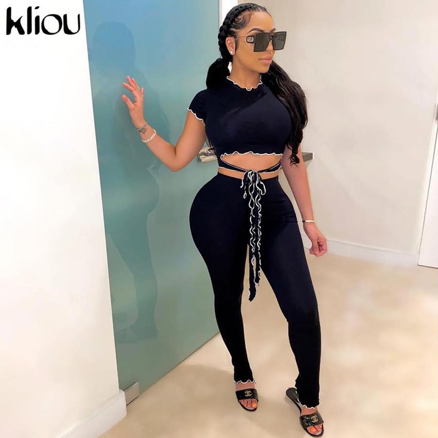 Kliou women Ruffles two pieces set bandage crop top + high waist slim leggings solid outfit skinny Ruffles fitness tracksuit 201104