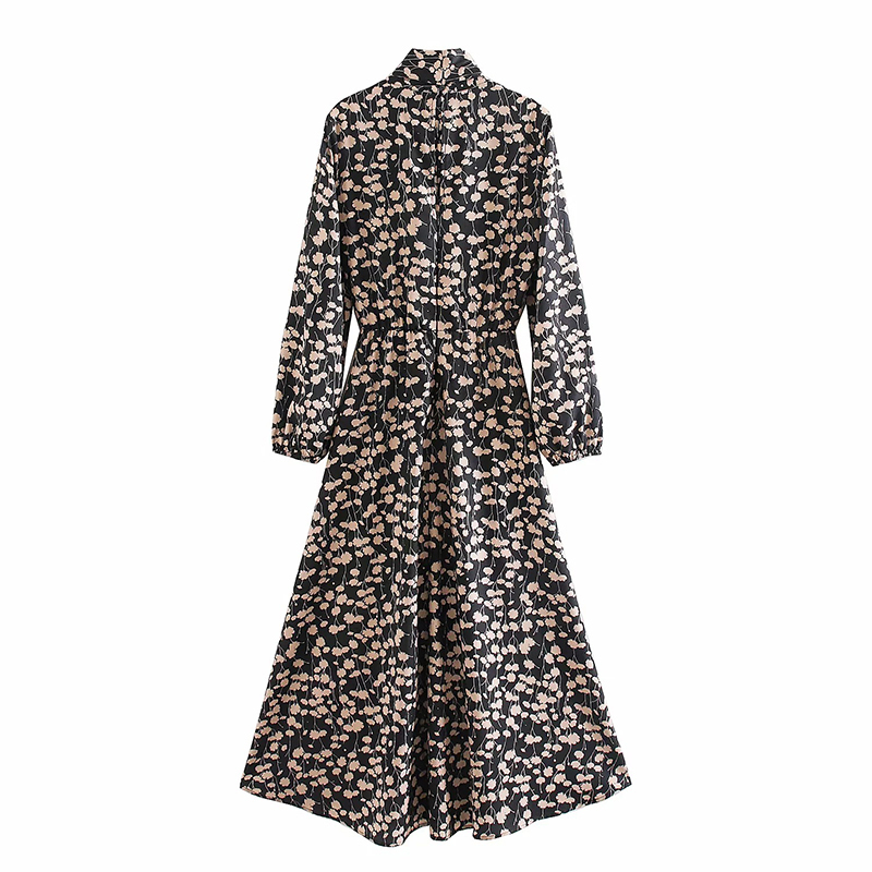 Za women dress elegant floral print mid calf stylish dress long sleeve bow tie Aline dresses female vintage slim vestidos T200320