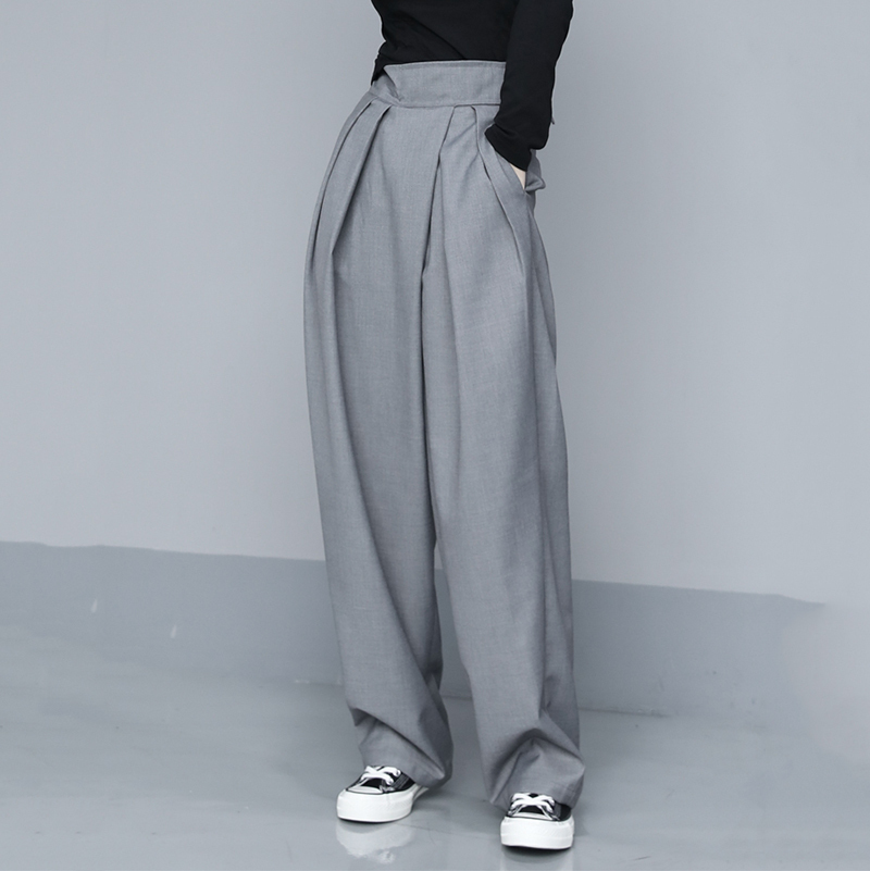 [EAM] High Waist Pleated Gray Brief Long Wide Leg Trousers New Loose Fit Pants Women Fashion Tide Spring Autumn 1T735 201031