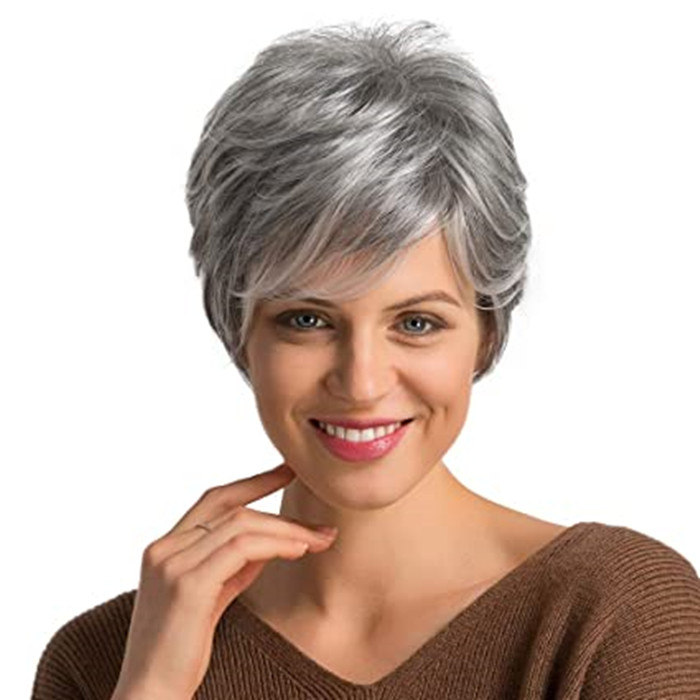Salt pepper silver grey Short Grey Human Hair Wigs for Women Natural Pixie Cut Wig , Daily Hair gray human hair natural highlights ombre