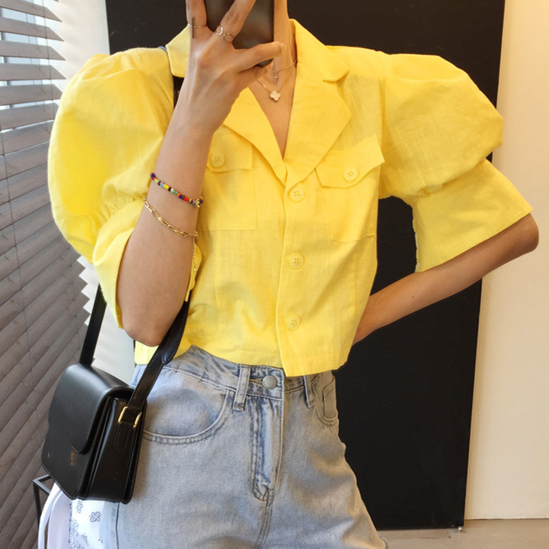 Gagarich Women Coat Korean Style Chic Summer Simple Candy-Colored Single-Breasted Loose Puff Sleeve Suit Cropped Jackets Ladies 201029