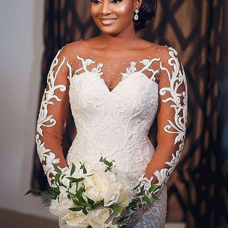 African Mermaid Wedding Dresses Lace Appliqued Plus Size Wedding Gowns Long Custom Made Vestidos De Novia