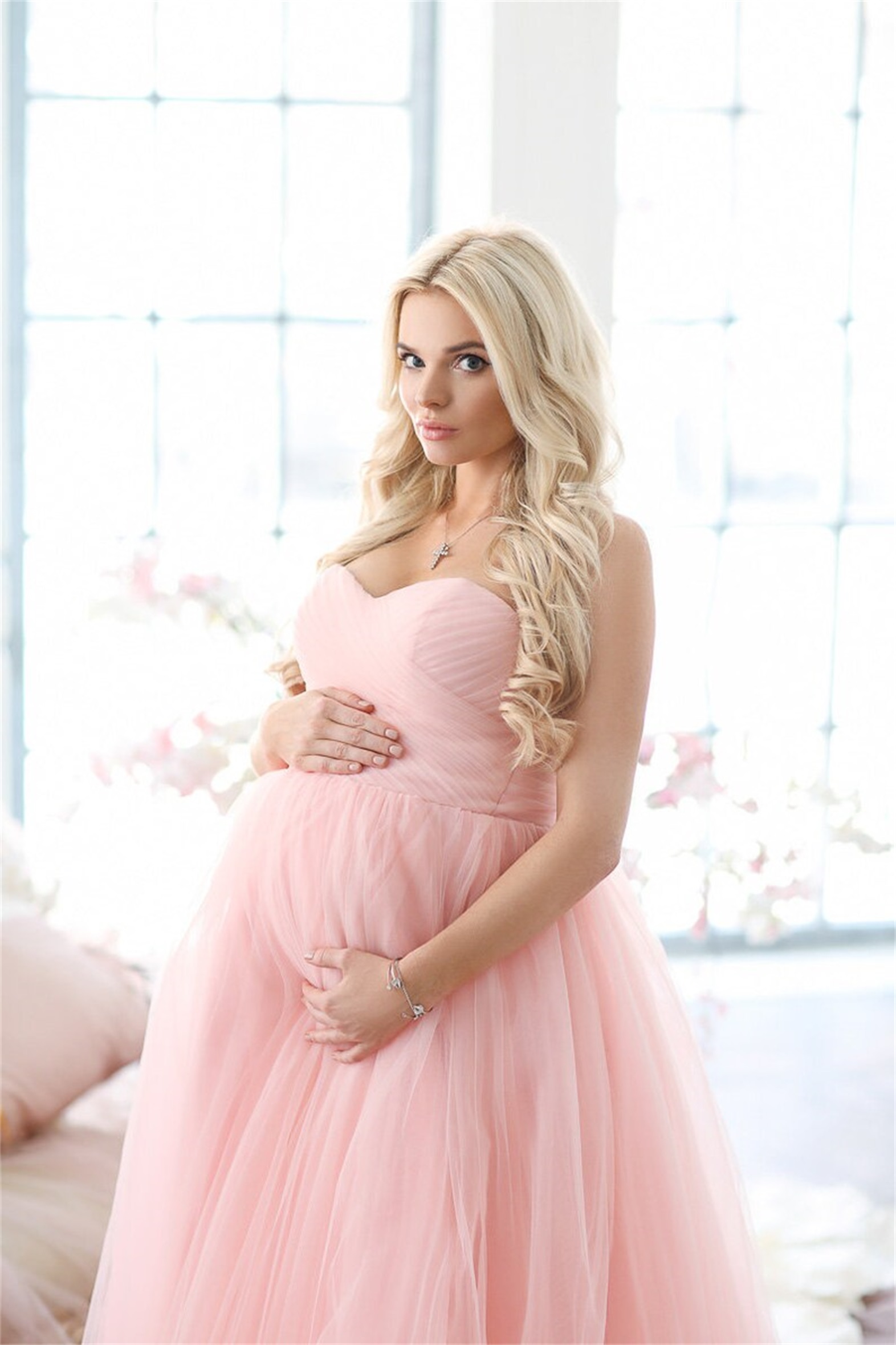 Elegant Pink Evening Dresses 2021 Sweetheart Tulle Sweep Train Maternity Dress Plus Size Pregant Photograph Gowns vestido de novia