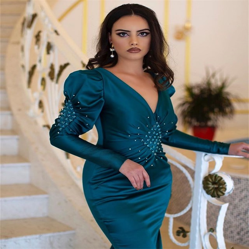 real image mermaid evening dresses vneck long sleeves prom dresses ruffle satin beads sweep train formal party dress cheap backless