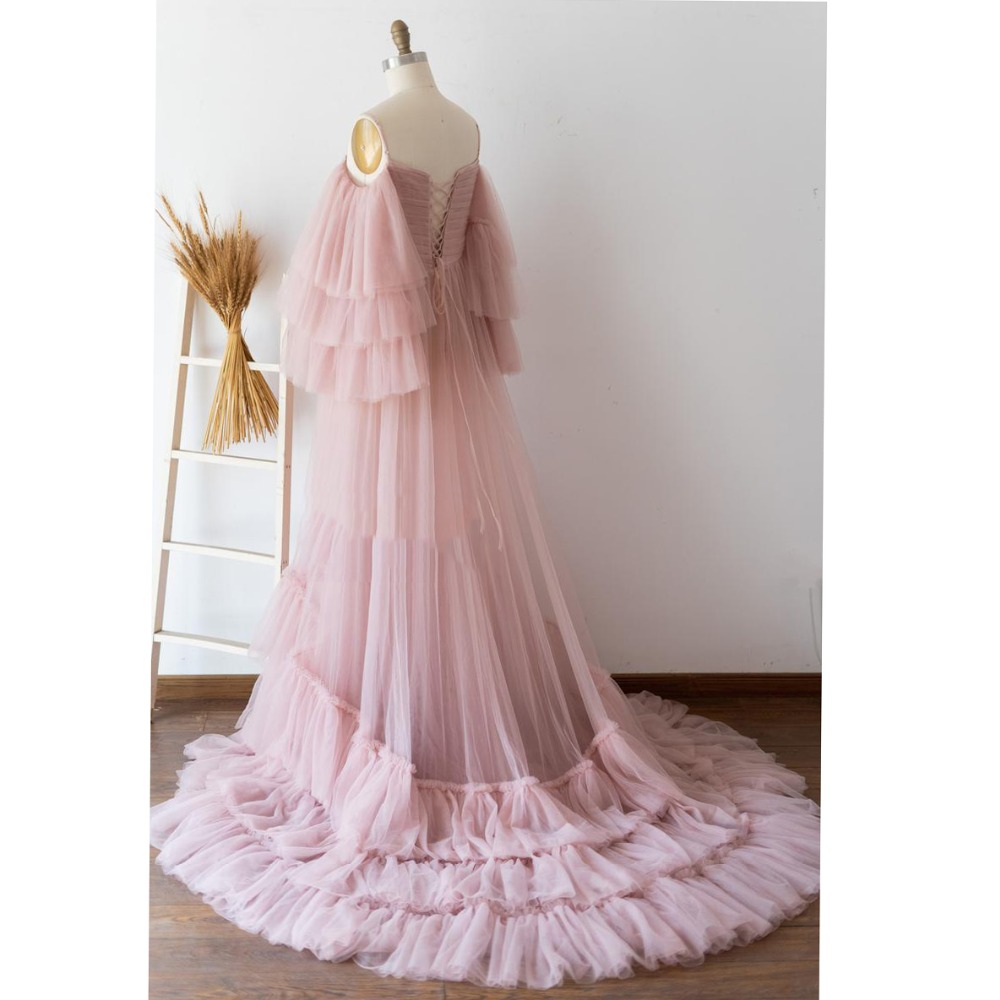 Pretty Pink See Through Tulle Prom Dresses Ruffles Tiered A-line Off Shoulder Puff Full Sleeves Women Long Vestidos de novia Plus Size