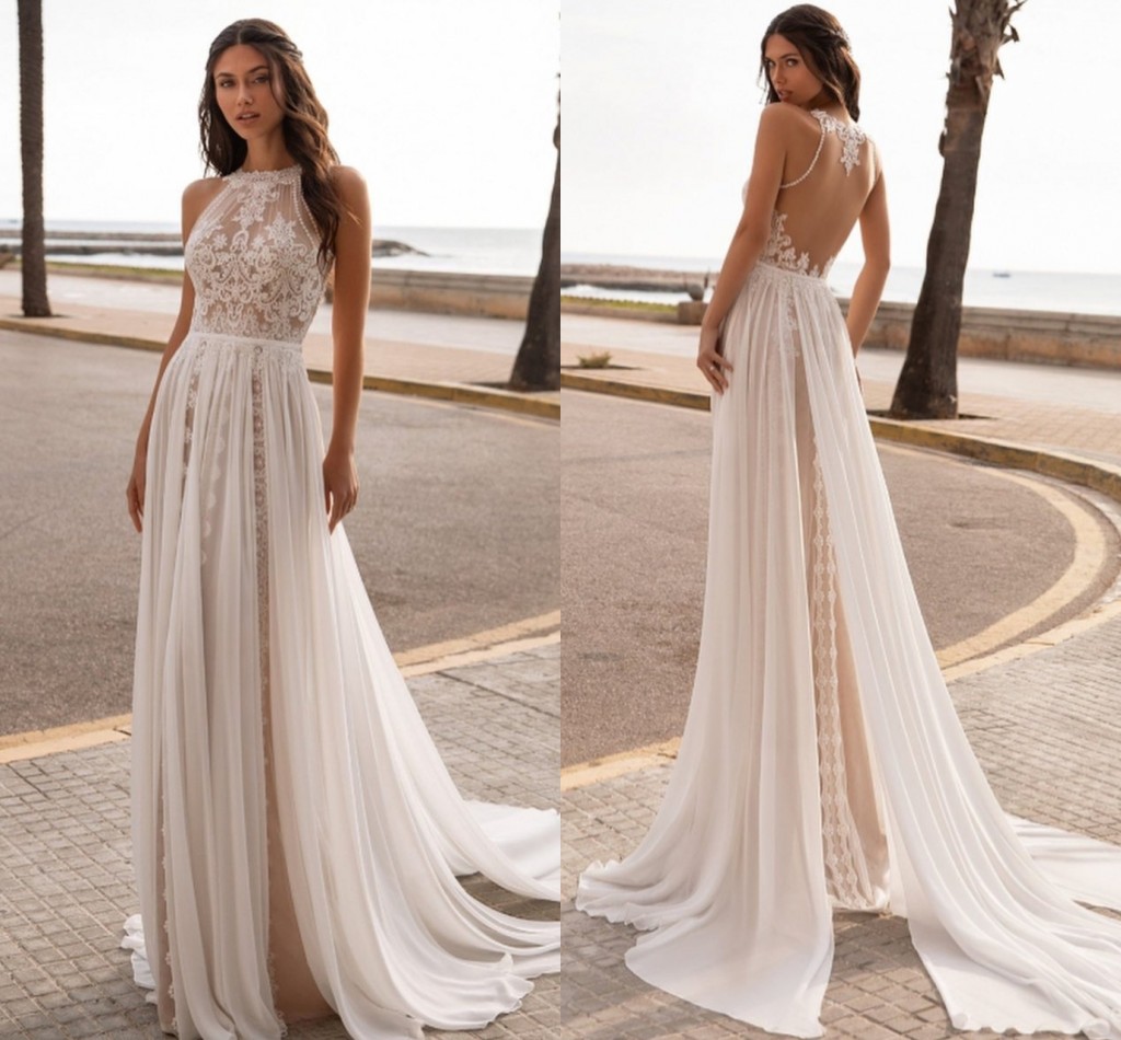 Wedding Dress 2022 Bohemian Boho Lace Chiffon Sleeveless Beach Backless Sweep Train Bride Dresses Bridal Gown Robe De Mariee