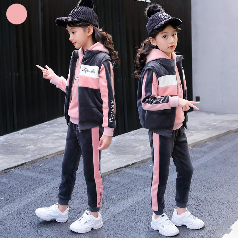 2019 Winter 3pcs Kids Thickening Hooded Vest+Sweater+Pant Sport Suits Baby Boys Girls Warm Fashion Set Children ClothingX1019