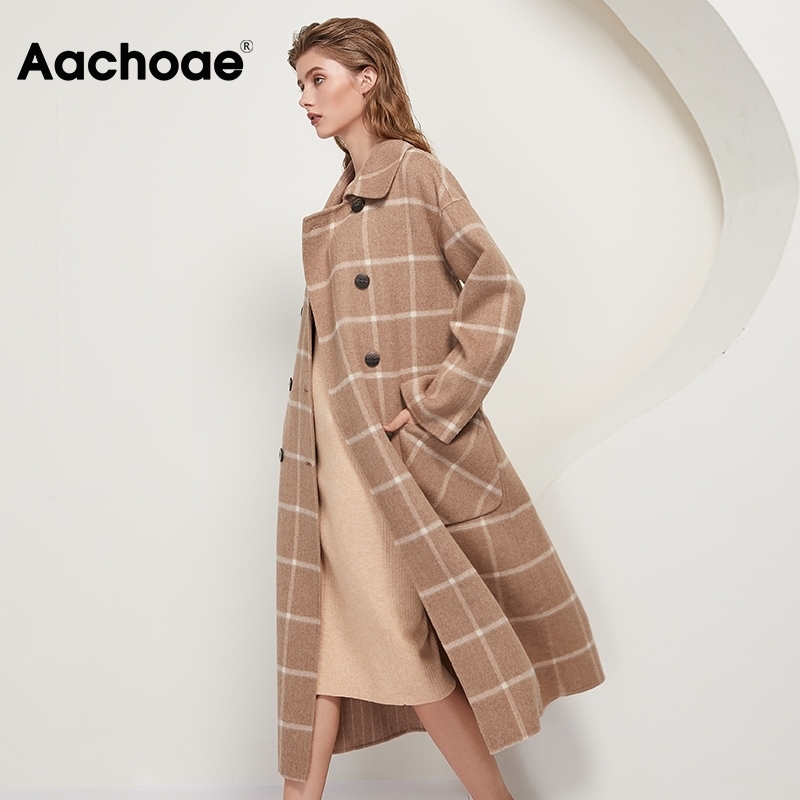 Aachoae Women Vintage Plaid Woolen Long Coat With Pockets Double Breasted Fashion Overcoat Female Batwing Long Sleeve Wool Coats 201027
