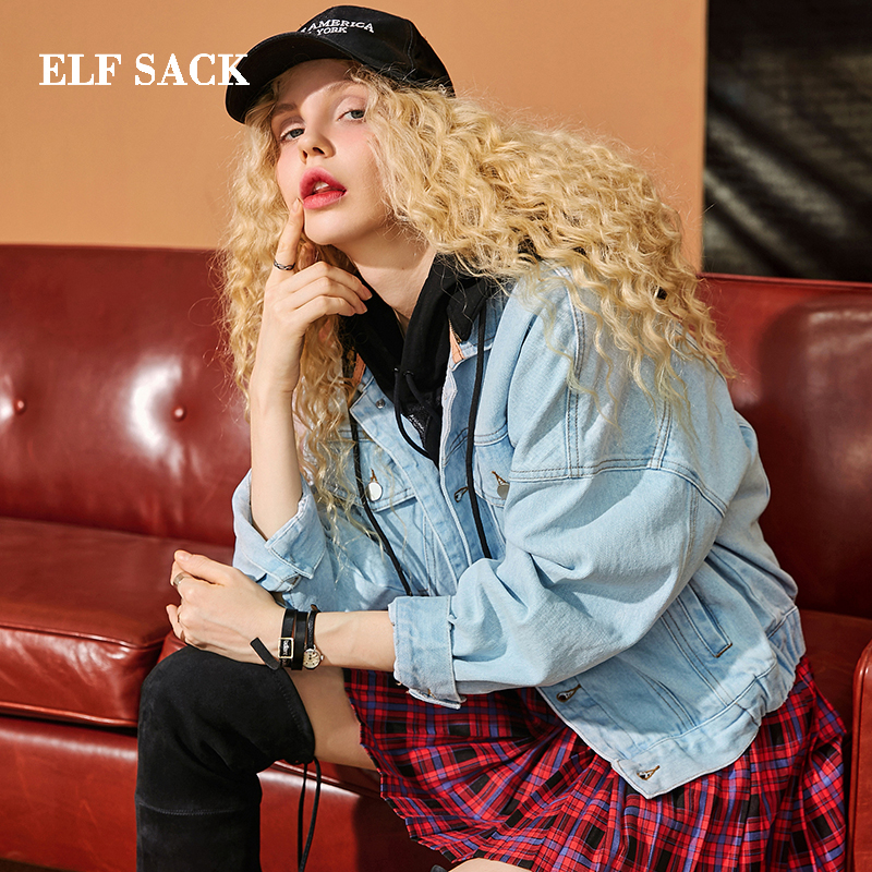 ELF SACK New Woman Jackets Cotton Casual Long Sleeve Denim Women Coats Solid Wide-waisted Loose Femme Denim Jackets Outerwear T200319