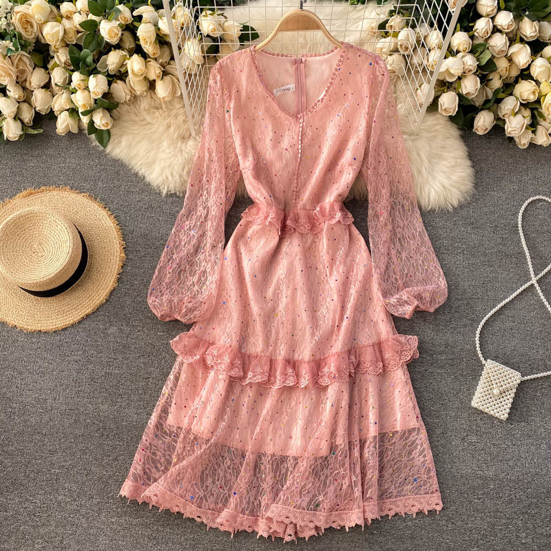 2021 New Singiny sequins in women's lace chic neck puff the line dressed fashion streetwear dress IPCL, Pink
2021 New Singiny sequins in women's lace chic neck puff the line dressed fashion streetwear dress IPCL, Pink