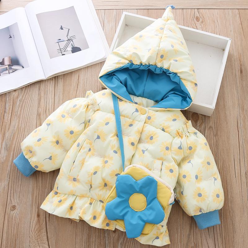 Girls' Hooded Cotton Padded Jacket Baby Wear Winter, Little orange daisy