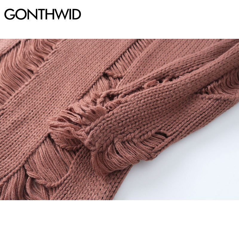 GONTHWID Ripped Destroyed Holes Distressed Sweaters Mens Knitted Pullover Sweater Male Hip Hop Fashion Loose Sweater Streetwear 201026
