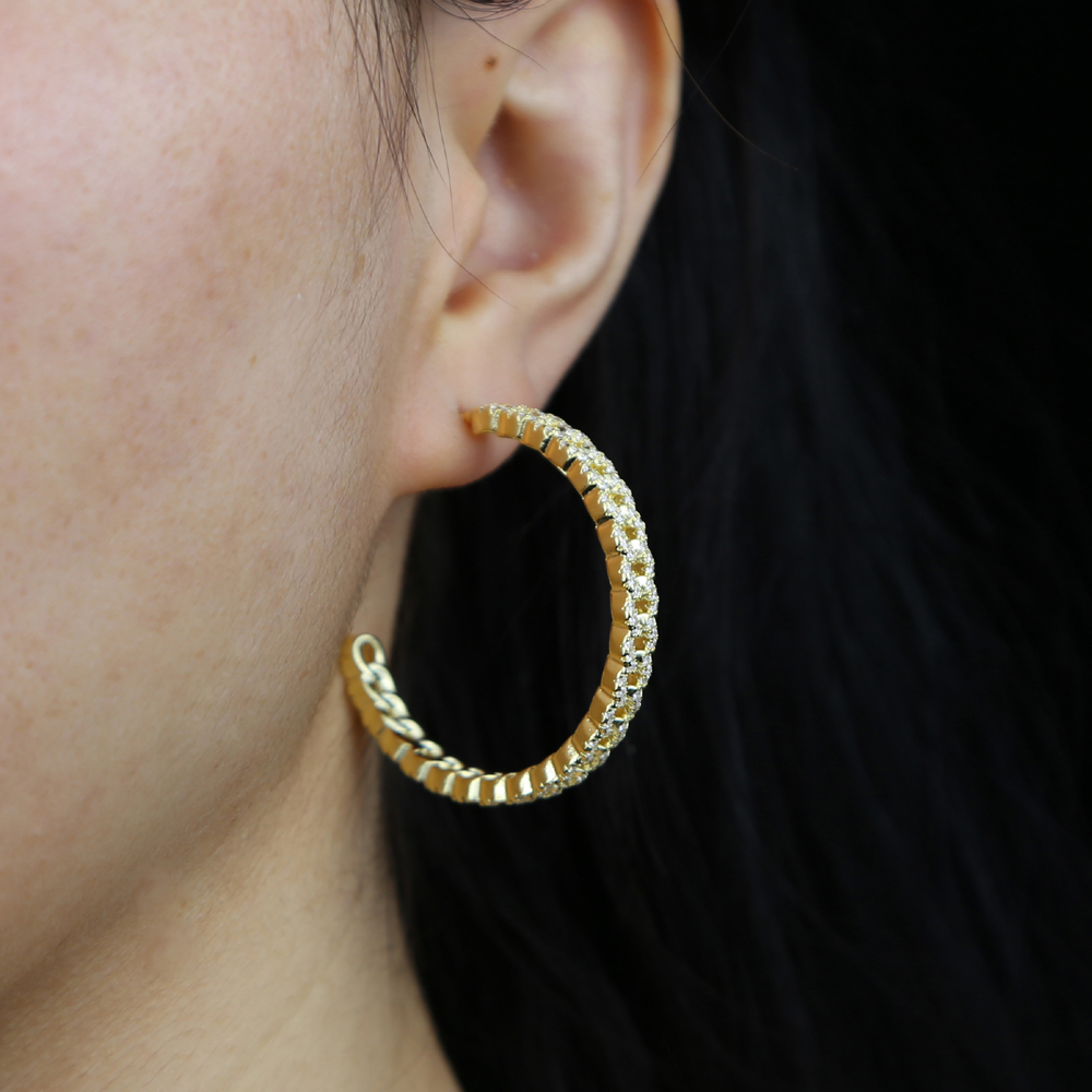 High Quality Micro Pave 5A Cubic Zirconia CZ Big Hoop Iced Out Bling Cuban Link Chain Circle Hoop Earring For Women Girls