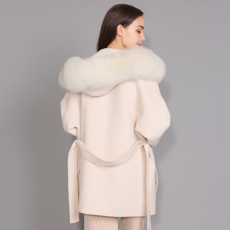 Cashmere Jacket Women Detachable Fox Fur Collar Wool Blend Coat and Jacket Belt Ladies Autumn Winter Cashmere Overcoat 201222