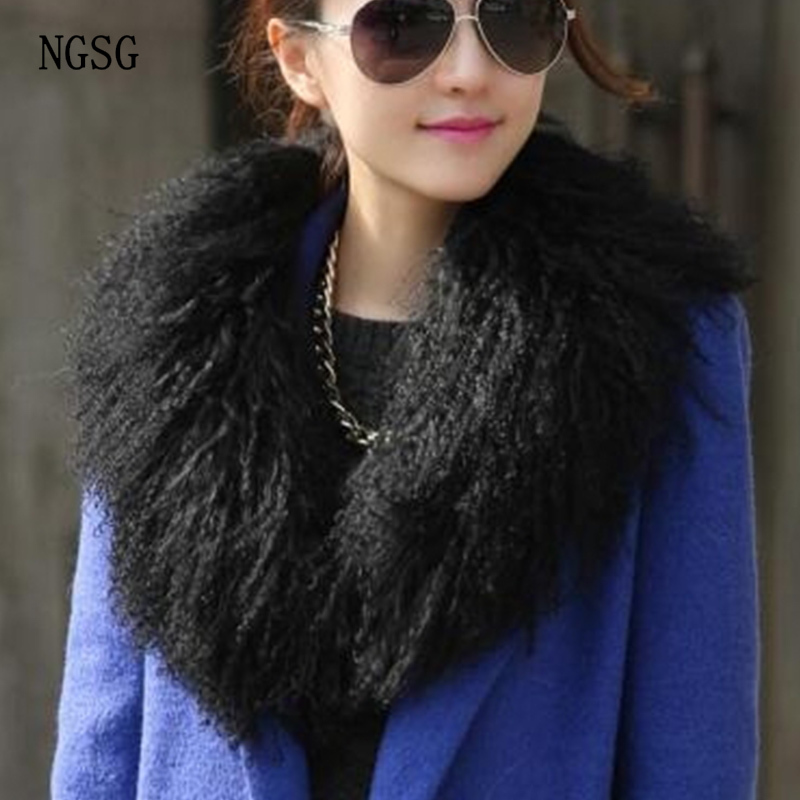 NGSG Women Real Fur Collar Solid Black Natural Genuine Mongolian Sheep Wool Scarf Coat Winter Customize Multicolors Y201007
