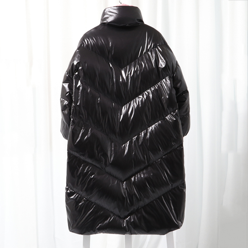 Fashion Contrast Letter Print Glossy Loose Ultra Light Down Jacket Winter Down Jacket Women Long Down Jacket 201029
