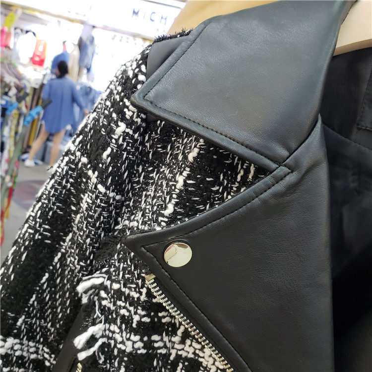 Autumn Tweed Stitching Pu Leather Jacket Women Streetwear Short Jackets Female Lapel Coat Joker Woolen Outwear 201017