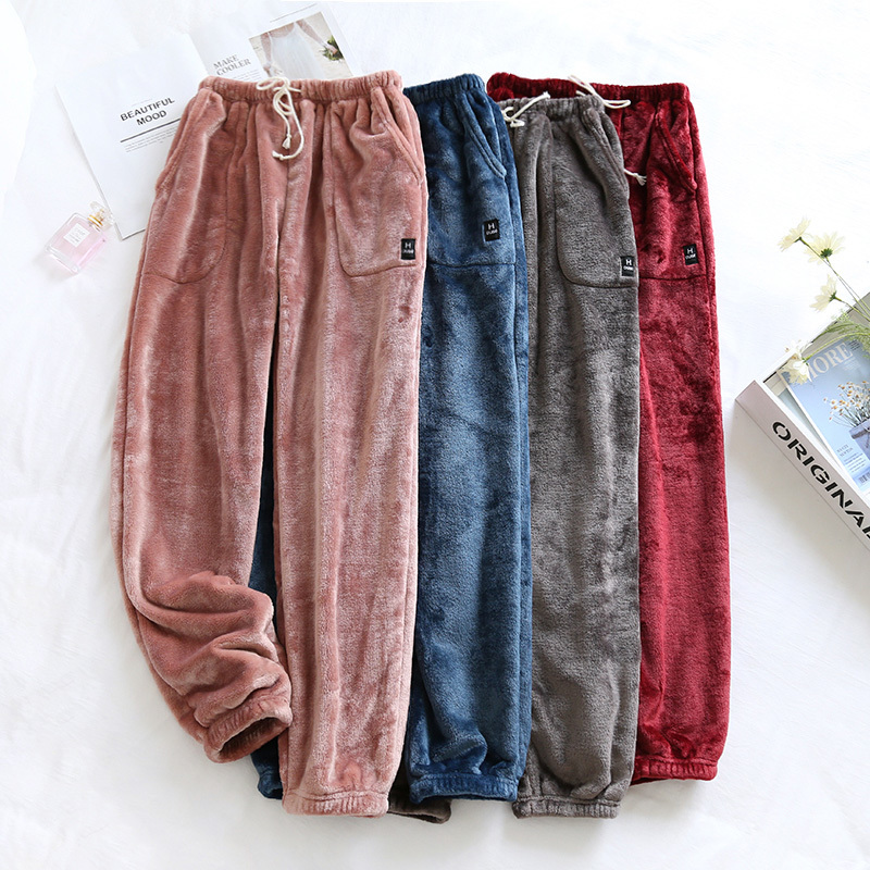 Fall Winter Pants Bottoms For Couples Warm Thick Coral Fleece Sleep Pants Soft Pajamas For Men Women Plus Velvet Trousers 201016