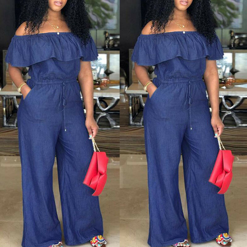 Women Off Shoulder Wide Leg Romper Jumpsuit Casual Long Trouser Overall Pants Ruffle Collar Loose Empire Jumpsuits M-4XL 201007