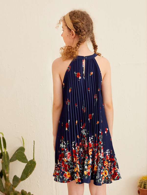 Teen Girls Floral Print Pleated Halter Dress SHE