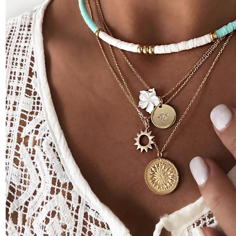 4Pcs/Set Bohemia Women Necklaces Sun Flower Disc Carved Pattern Pendant Clavicle Chain Gold Necklace Set Fashion Beach Jewelry 
4Pcs/Set Bohemia Women Necklaces Sun Flower Disc Carved Pattern Pendant Clavicle Chain Gold Necklace Set Fashion Beach Jewelry
