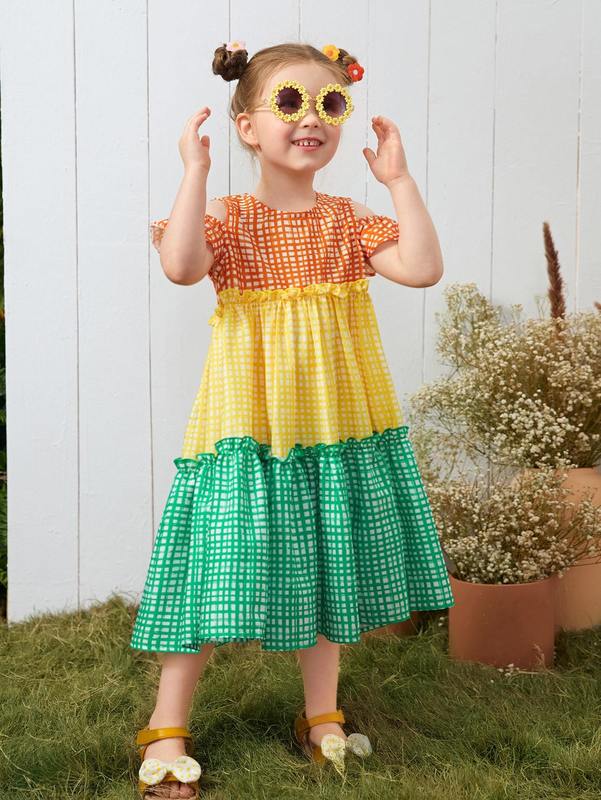 Toddler Girls Plaid Colorblock Cold Shoulder Ruffle Hem Smock Dress SHE