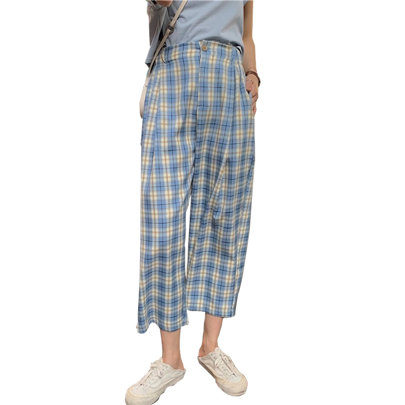 HOUZHOU Summer Checkered Pant Plaid Pants Korean Style Wide Leg Casual Loose High Waist Straight Trousers 201109