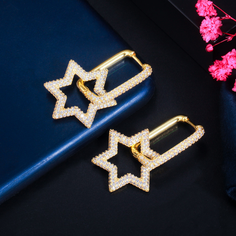 Shining Bling Full Colorful Zircon Hexagonal Dangle Drop Earrings Real Gold Plated Star Earring Jewelry No Fading