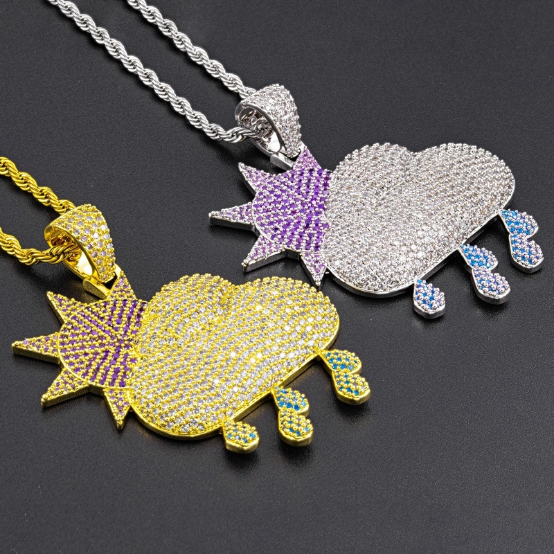 Iced Out Full Zircon Sun Cloud Rain Pendant Necklace with Free Rope Chain Gold Sier Plated Mens Women Hip Hop Jewelry Gift