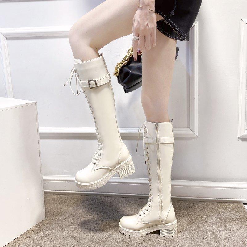 

Long boots women's autumn 2020 new fashion street shooting knight boots with front lace thick heel high1, Beige